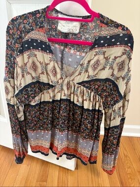 Moon River Black, Cream & Rust Patchwork V-Neck Peasant Top